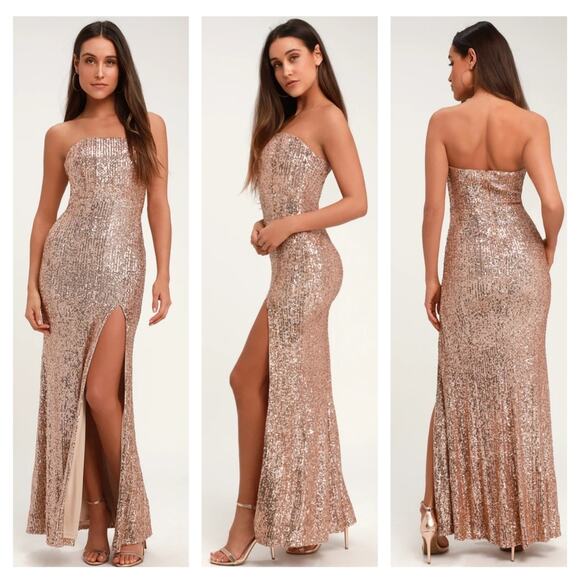 Lulu's Lavish Lover Rose Gold Strapless Sequin Maxi Dress Medium - Picture 1 of 4